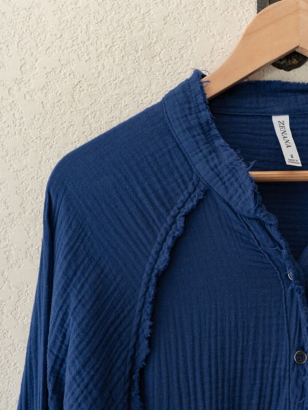 Zenana Gauze Button Up Shirt Blue Raw Hem Oversized Pocket Top Cotton Small - Picture 3 of 13